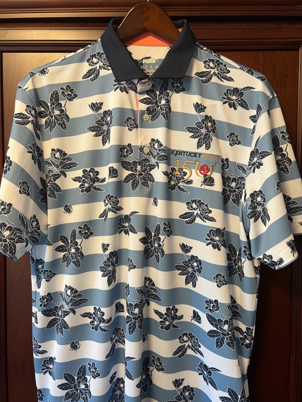 Like New Puma Kentucky Derby 150th Anniversary White & Navy Floral Stripe Polo!